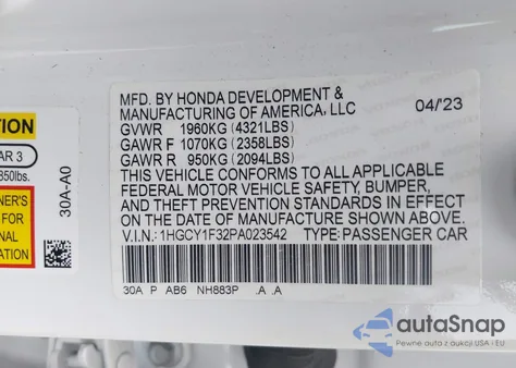 2023 Honda Accord Ex z USA, uszkodzony, nr VIN 1HGCY1F32PA023542